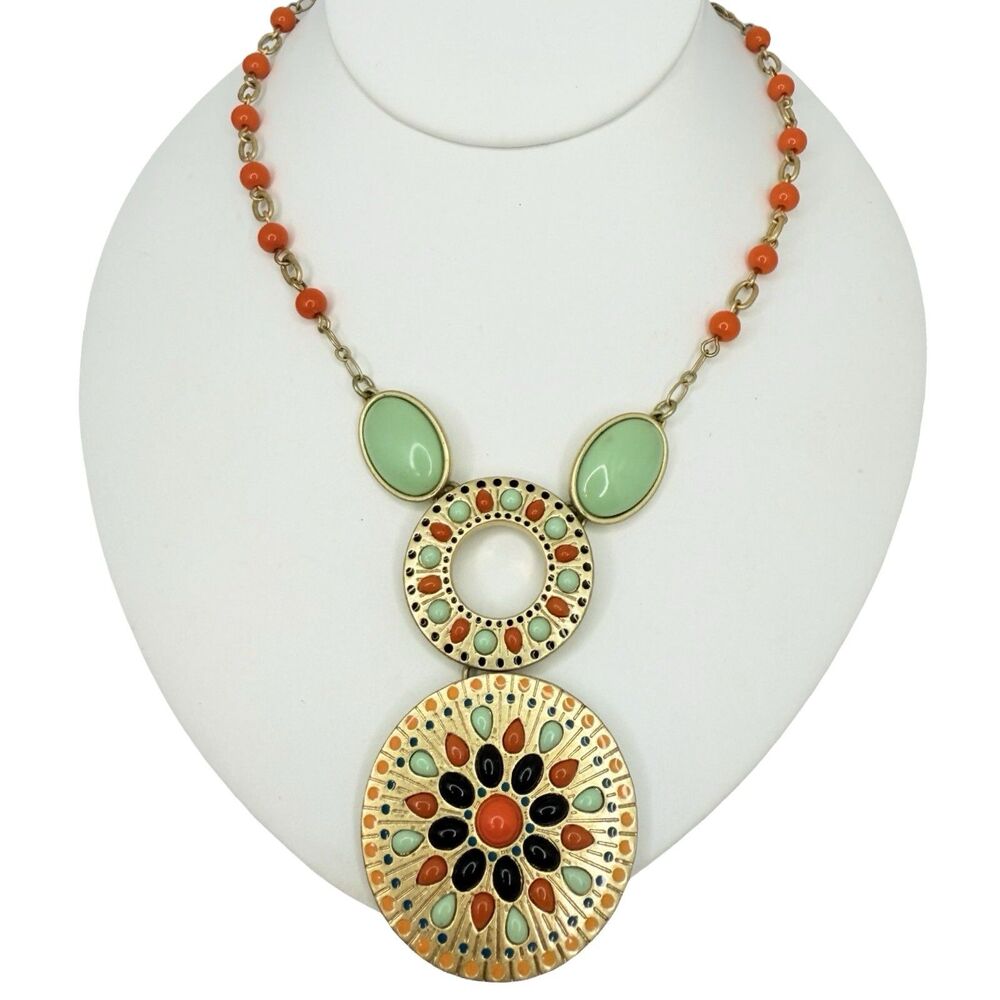 Lia Sophia Alicante Long Pendant Necklace 36" Gold Tone Orange Green Beaded